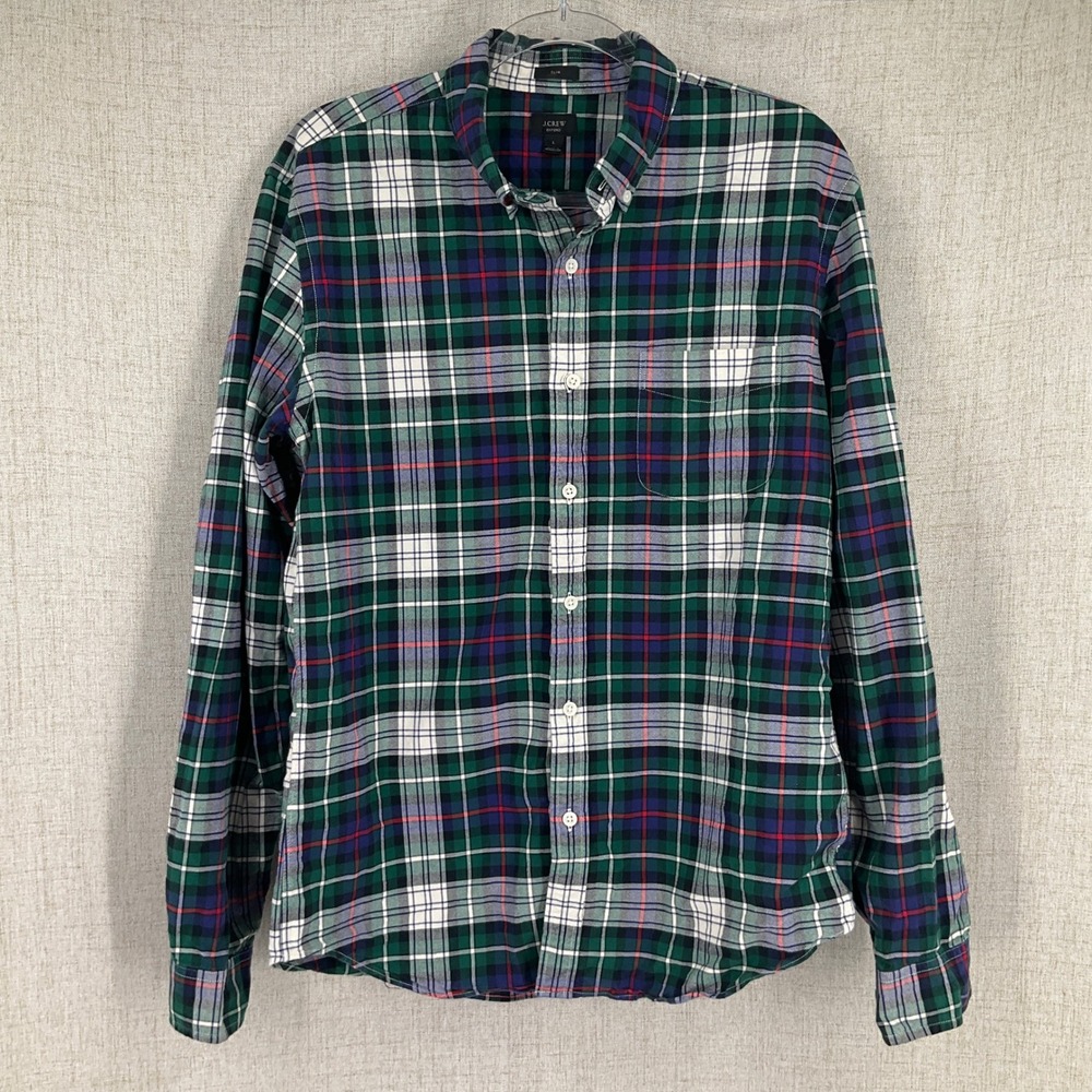 J.Crew Oxford Shirt Mens Sz L Green Cotton Slim Fit Tartan Plaid Button Down
